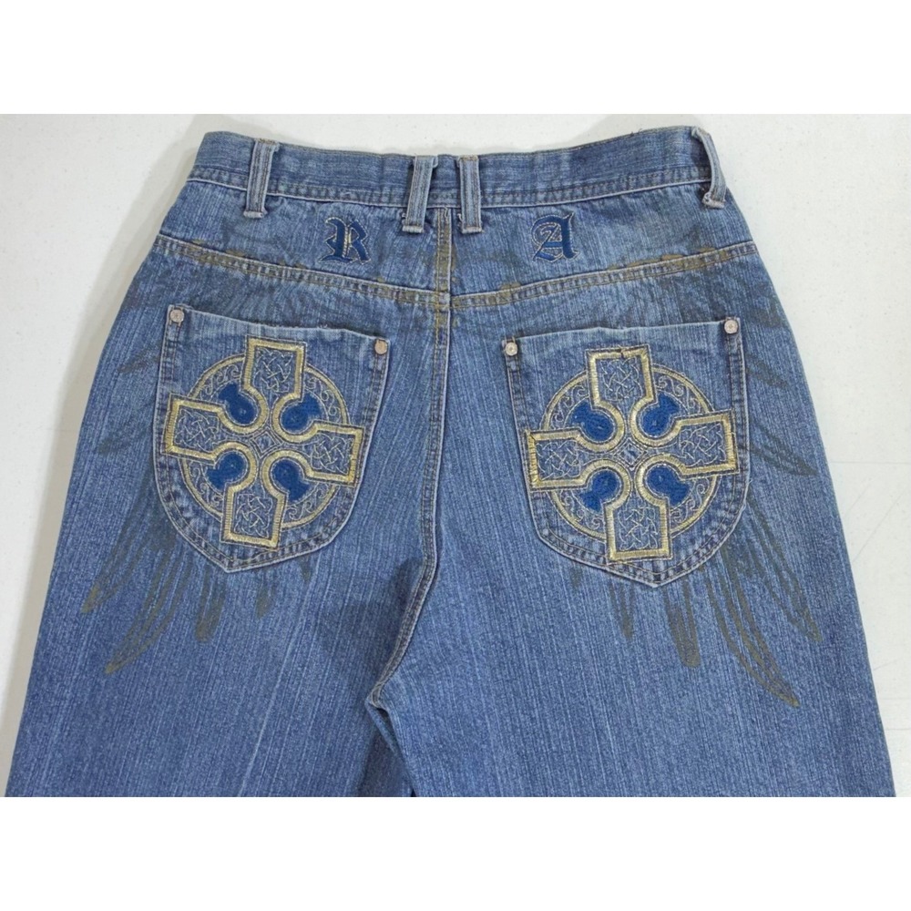 Red Ape Denim Shorts 32 (30x14.5) Blue Baggy Y2K Embroidered Celtic Cross Jorts